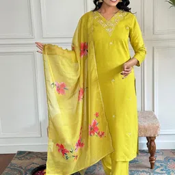 KALINI Women Ethnic Motifs Embroidered Kurta with Trousers & Dupatta image 3