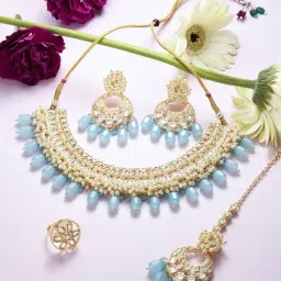 Zaveri Pearls Turquoise Blue Beads Kundan Cluster Necklace Earring Maangtikka & Ring Set-ZPFK16233-image-33