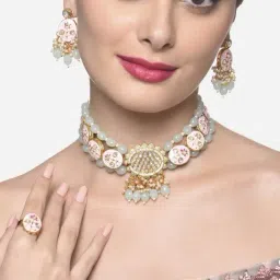 Zaveri Pearls Pink Meenakari Green Multistrand Kundan Choker Necklace Earring & Ring Set-ZPFK16238-picture-33