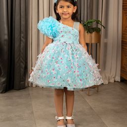 Ministitch One Shoulder Ruffled & Seamless 3D Flowers And Butterflies Embellished & Dobby Work Detailed Fit & Flare - Sky Blue-picture-5