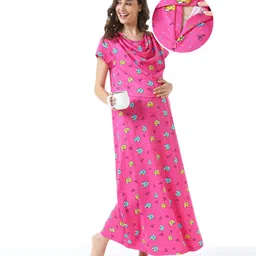 Bella Mama 100% Cotton Knit Half Sleeves Nursing Nighty Bear Print - Pink-image-15