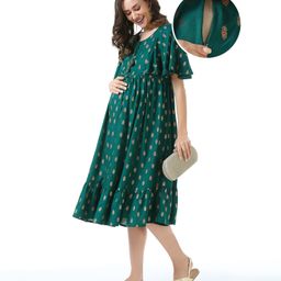 Bella Mama Woven Flutter Sleeves Maternity Dress Floral Print - Green-picture-2