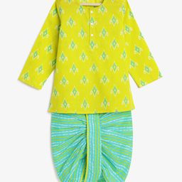 Campana 100% Cotton Diamond Printed Kurta & Dhoti Set - Lime Green & Blue-picture-44