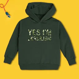 NUSYL Fleece Full Sleeves Yes I M Different Text Printed Hoodie - Olive-image-52