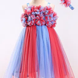 Enfance Sleeveless Floral Applique Dress With Headband - Blue-image-94