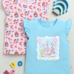 BUMZEE Cotton Knit Frill Sleeves T-Shirts with Unicorn & Bunny Print Pack Of 2 - Light Blue & Pink-picture-18