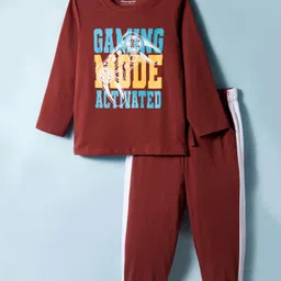 Honeyhap Premium 100% Cotton Knit Night Suit With Bio Finish & Text Print - Cherry Mahogany-picture-12