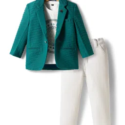 Dapper Dudes Full Sleeves Striped Textured Blazer With Typography Printed Tee & Pant Set - Peacock Green-picture-28