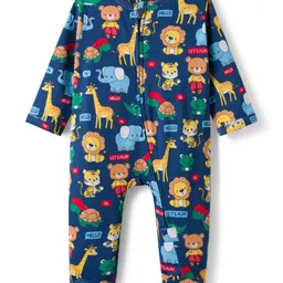 Babyhug Cotton Knit Full Sleeves Footed Sleepsuit With Animal Print - Navy Blue-picture-25