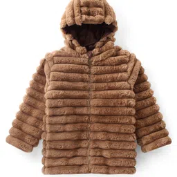 Pine Kids Full Sleeves Hooded Jacket with Stripes & Fur Design - Beige image 2