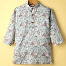 Ridokidz Full Sleeves Floral & Triangles Printed Kurta Pyjama Set - Light Grey image 2