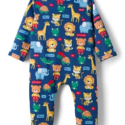Babyhug Cotton Knit Full Sleeves Footed Sleepsuit With Animal Print - Navy Blue image 2