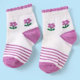 Cute Walk by Babyhug Knit Antibacterial Ankle Length Socks With Stripes & Floral Design Pack Of 3 - Pink Purple & White image 4
