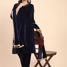 Moda Rapido Women Regular Thread Work Velvet Kurta with Trousers & With Dupatta image 5