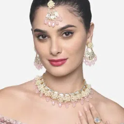 Zaveri Pearls Pink Beads Kundan Cluster Pearls Necklace Earring Maangtikka & Ring Set-ZPFK16232-picture-33