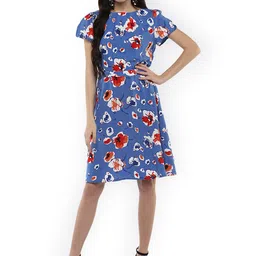 Harpa Women Blue Printed Fit and Flare Dress-image-94