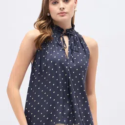 DressBerry Polka Dot Print Tie-Up Neck Top-image-33