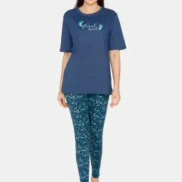 Zivame Blue Printed Top & Pyjamas Set-image-4
