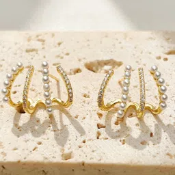 Krelin Gold-Plated Artificial Stones Studded & Beaded Triple Hoop Contemporary Studs-picture-25