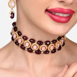 Zaveri Pearls Pink Purple Stones & Beads Choker Necklace & Earring Set-ZPFK15874-image-48