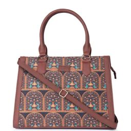 ZOUK Royal Indian peacock Motif Classic Brown Printed Medium Handbag-picture-2