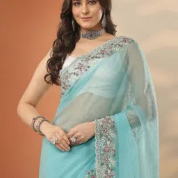Libas Blue Embroidered Saree With Unstitched Blouse image 5