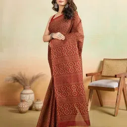 SHANVIKA Rust Cotton Ethnic Motifs Saree Without Blouse Piece image 3