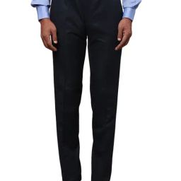 Raymond Dark Navy Slim Fit Striped Flat Front Trousers-picture-37