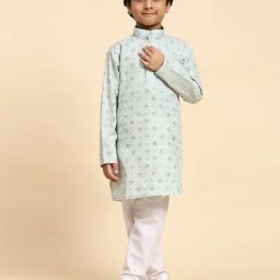 Pro-Ethic Style Developer Kids Light Blue & White Embellished Full Sleeves Kurta with Pyjamas-picture-36