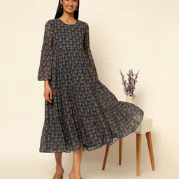 Zelena Three Fourth Sleeves Floral Motif Printed Maternity & Feeding Dress With Pocket - Green-picture-12