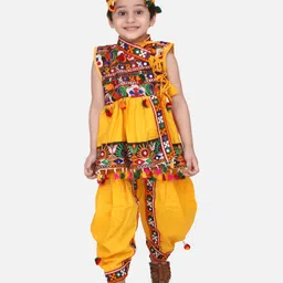 BownBee Navratri Theme Sleeveless Banjara Embroidered & Mirror Work Embellished Kediya Kurta & Dhoti With Coordinating Cap - Yellow-picture-16