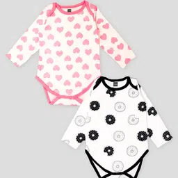 Kidbea 100% Organic Cotton Pack Of 2 Full Sleeves Hearts & Donuts Printed Onesies - Black & Pink-image-0