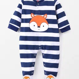 Babyhug Single Jersey Full Sleeves Striped Sleepsuit Fox Print - Navy Blue & White-picture-12