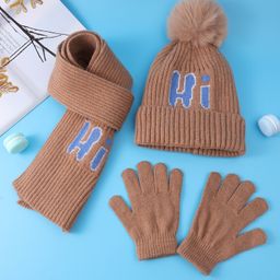 Pine Kids Woolen Pom Pom Applique & Text Design Cap With Muffler & Pair Of Gloves - Brown-picture-42