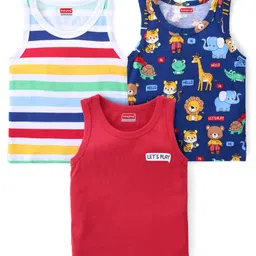 Babyhug 100% Cotton Knit Sleeveless Sando With Animal Print Pack of 3- Multicolor-picture-16