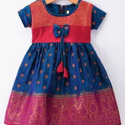Bhartiya Paridhan Silk Woven Half Sleeves Ethnic Dress with Zari Work & Bow Applique - Navy-picture-22