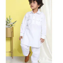AJ Dezines Full Sleeves Solid Cotton Blend Kurta Pyjama Set - White-image-60