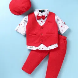 Robo Fry Lycra Knit Full Sleeves Car Printed 3 Piece Party Suit with Bow & Hat - Red-picture-17