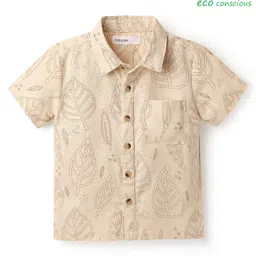 Babyoye Cotton Linen Woven Shirt With Leaves Print - Tan image 1