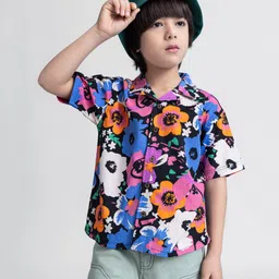 Taffykids Half Sleeves Floral Printed Oversized Shirt - Black & Multi Colour image 1