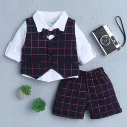BUMZEE Cotton Full Sleeves Checked 3 Piece Party Suit Set With Attached Bow - White & Navy Blue-image-51