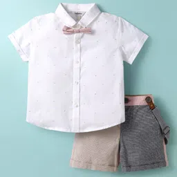 ToffyHouse 100% Woven Cotton Poplin Half Sleeves Solid Shirt & Twill Woven Shorts Set With Bow & Suspender - Grey & Black-picture-19
