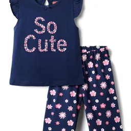 Babyhug Cotton Knit Frill Sleeves Half Capri Night Suit with Floral Print - Navy Blue-image-44