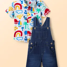Babyhug Poplin Woven Knee Length Dungaree & Half Sleeves Shirt Set with Nautical Theme Print - White & Navy Blue-image-13