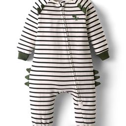 Bonfino 100% Cotton Fleece Knit Full Raglan Sleeves Striped Romper - Off White-picture-5