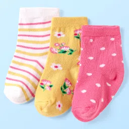 Cute Walk By Babyhug Knit Ankle Length Anti Bacterial Socks With Stripes & Floral Design Pack of 3 - Pink Yellow & White-image-45