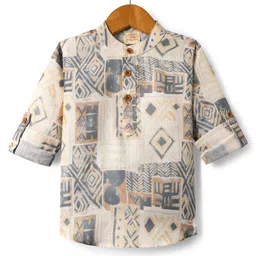 Rikidoos Full Sleeves Abstract Printed Kurta Style Shirt - Light Beige image 1