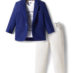 Dapper Dudes Full Sleeves Striped Textured Blazer With Typography Printed Tee & Pant Set - Royal Blue-picture-14