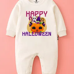 The Peppy Tend 100% Cotton Knit Halloween Theme Full Sleeves Happy Halloween Text Printed Romper - White-picture-22