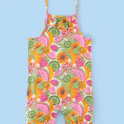 Babyhug 100% Cotton Knit Half sleeves Dungarees & Sets Girl With Back Snap Buttons Strawberry Print - White & Pink image 3